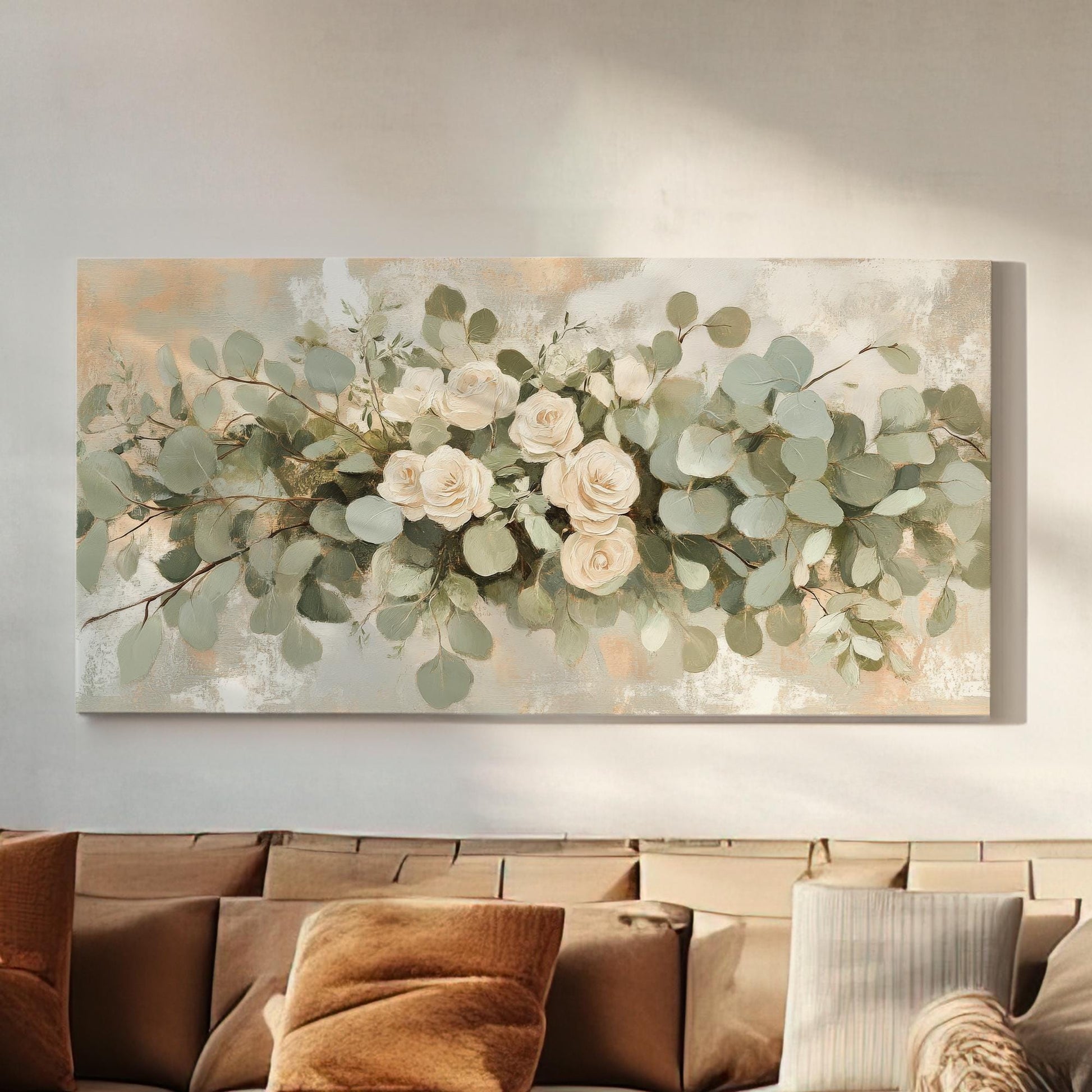 Romantic Rose Eucalyptus Canvas Art | Impasto Floral Print | Bohemian Wall Art For Living Room | Blush Sage Green Art Horizontal Art