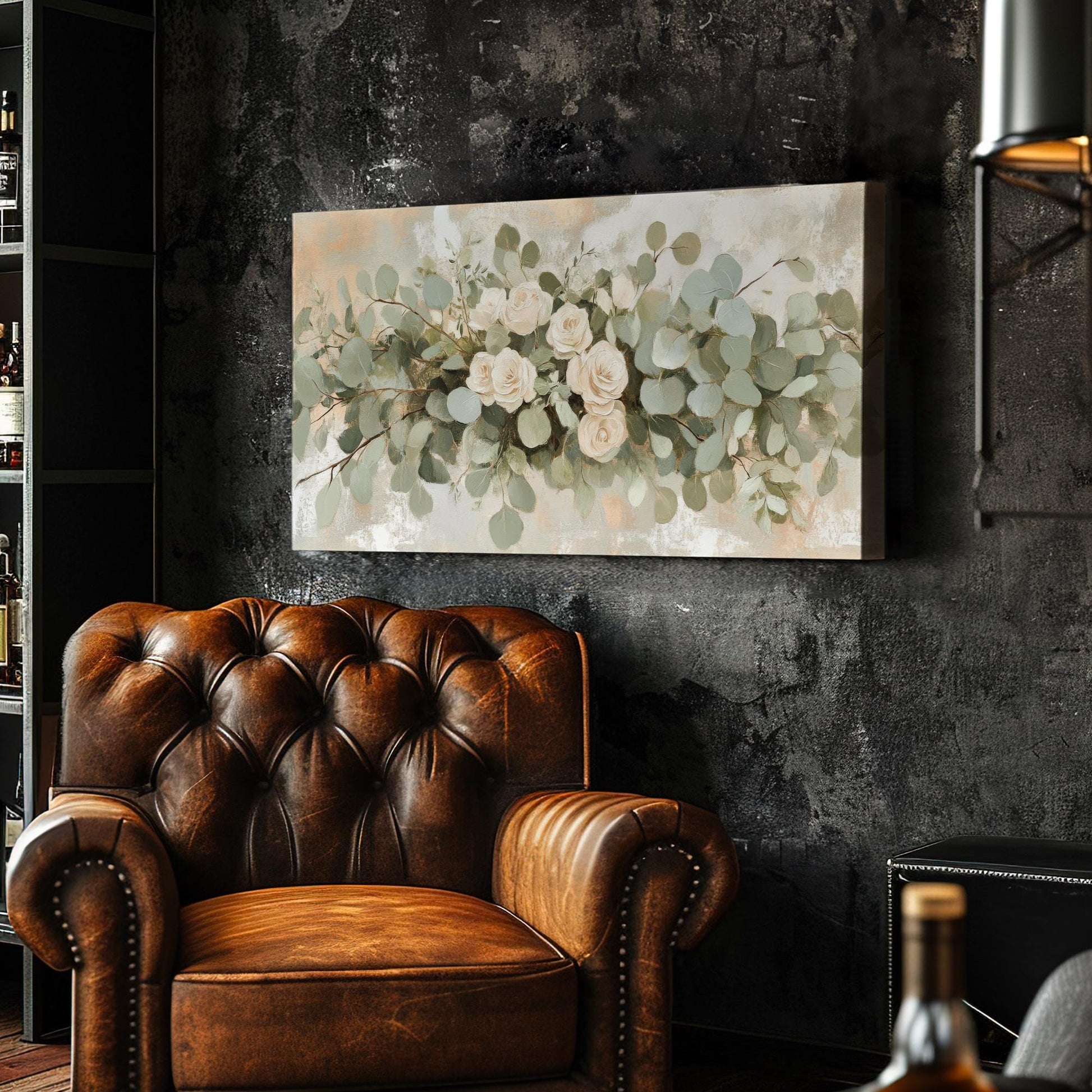 Romantic Rose Eucalyptus Canvas Art | Impasto Floral Print | Bohemian Wall Art For Living Room | Blush Sage Green Art Horizontal Art
