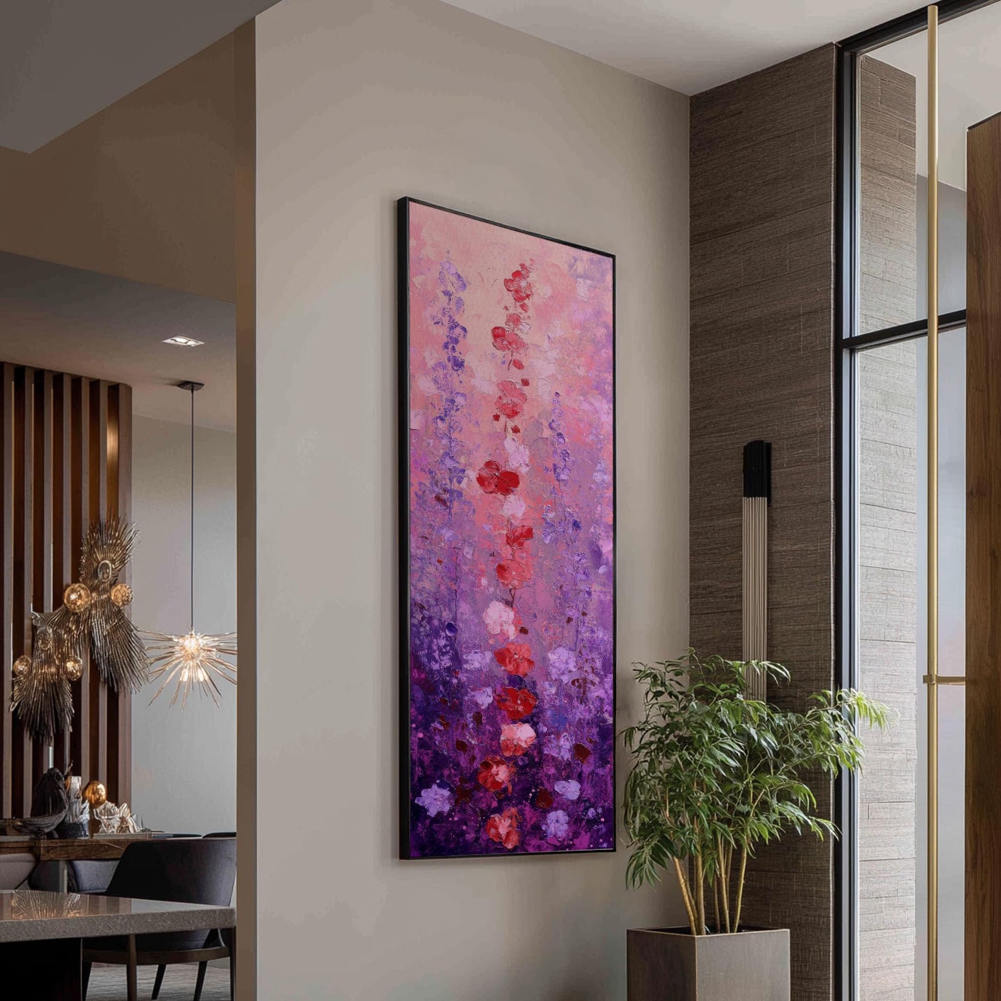 Romantic Lavender Field Canvas Art | Impasto Floral Print | Bohemian Wall Art For Bedroom | Amethyst Dusk Art Long Vertical Art