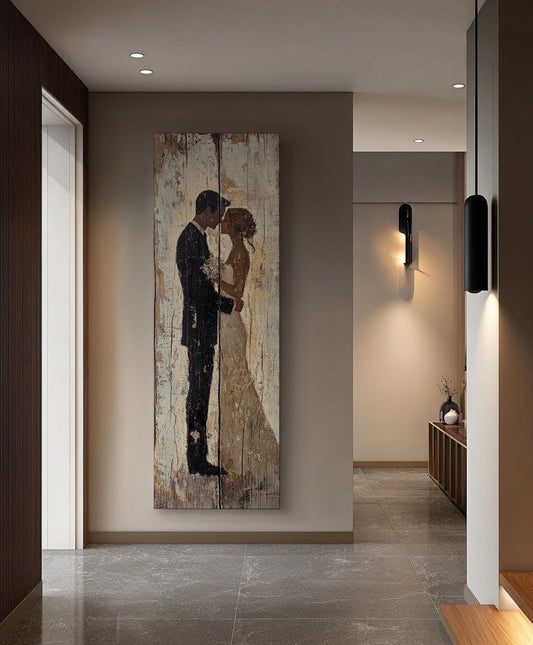 Romantic Couple Silhouette Canvas Art | Reclaimed Wood Print | Bohemian Wall Art For Living Room | Oatmeal Charcoal Art Long Vertical Art