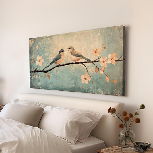 Romantic Bird Canvas Art | Impressionistic Oil Print | Bohemian Wall Art For Living Room | Seafoam Blush Art Horizontal Art