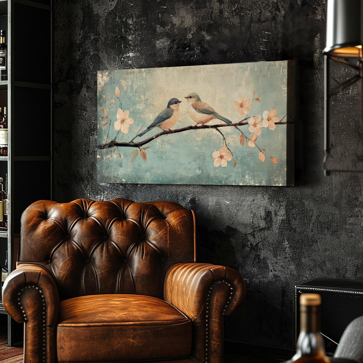 Romantic Bird Canvas Art | Impressionistic Oil Print | Bohemian Wall Art For Living Room | Seafoam Blush Art Horizontal Art