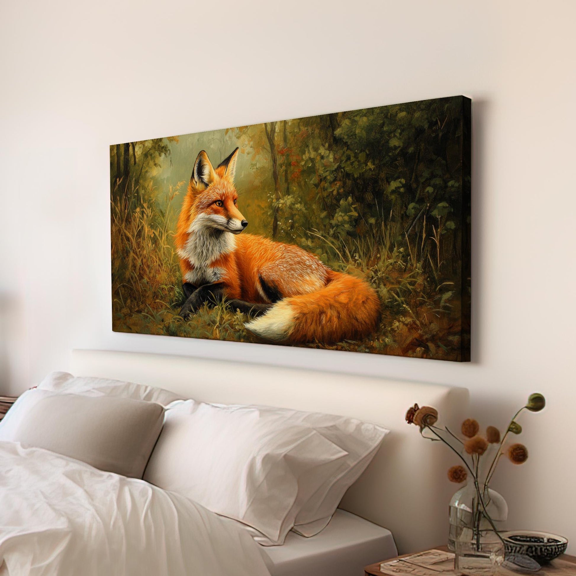 Red Fox in Autumnal Forest Canvas Art | Impasto Oil Painting Print | Bohemian Eclectic Wall Art For Living Room Horizontal Art