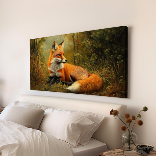 Red Fox in Autumnal Forest Canvas Art | Impasto Oil Painting Print | Bohemian Eclectic Wall Art For Living Room Horizontal Art