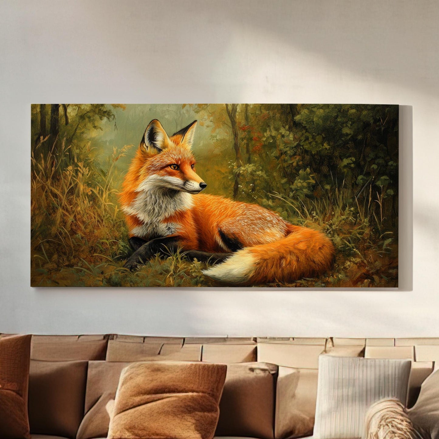 Red Fox in Autumnal Forest Canvas Art | Impasto Oil Painting Print | Bohemian Eclectic Wall Art For Living Room Horizontal Art
