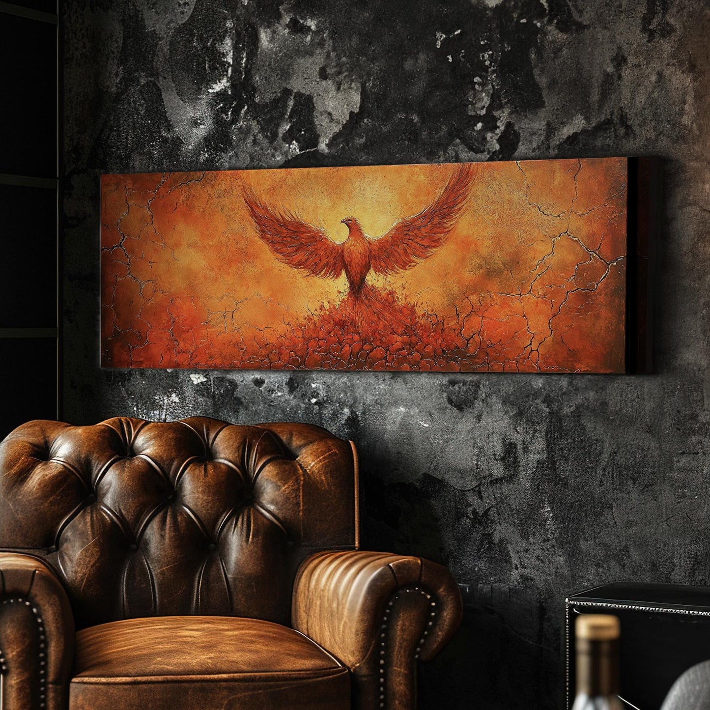 Reborn Phoenix Canvas Art | Impasto Textural Print | Biophilic Wall Art For Living Room | Fiery Ember Art Panoramic Wall Art