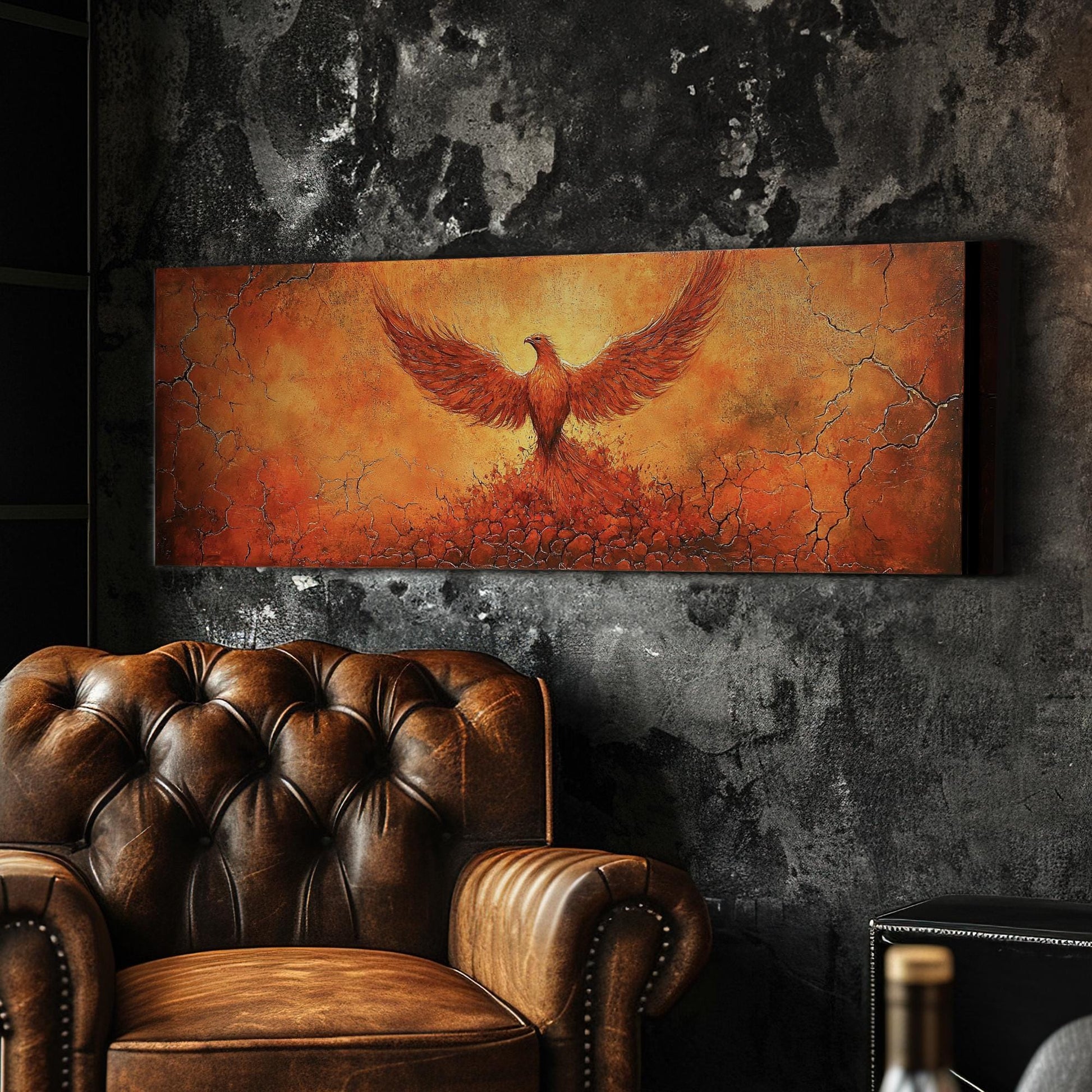 Reborn Phoenix Canvas Art | Impasto Textural Print | Biophilic Wall Art For Living Room | Fiery Ember Art Panoramic Wall Art