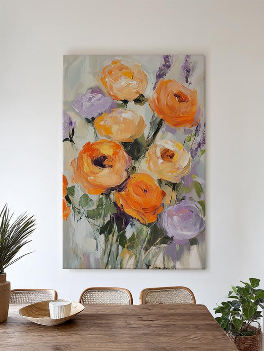 Ranunculus Bouquet Canvas Art | Impasto Floral Print | Bohemian Modern Wall Art For Living Room | Apricot Blush Art Vertical Canvas