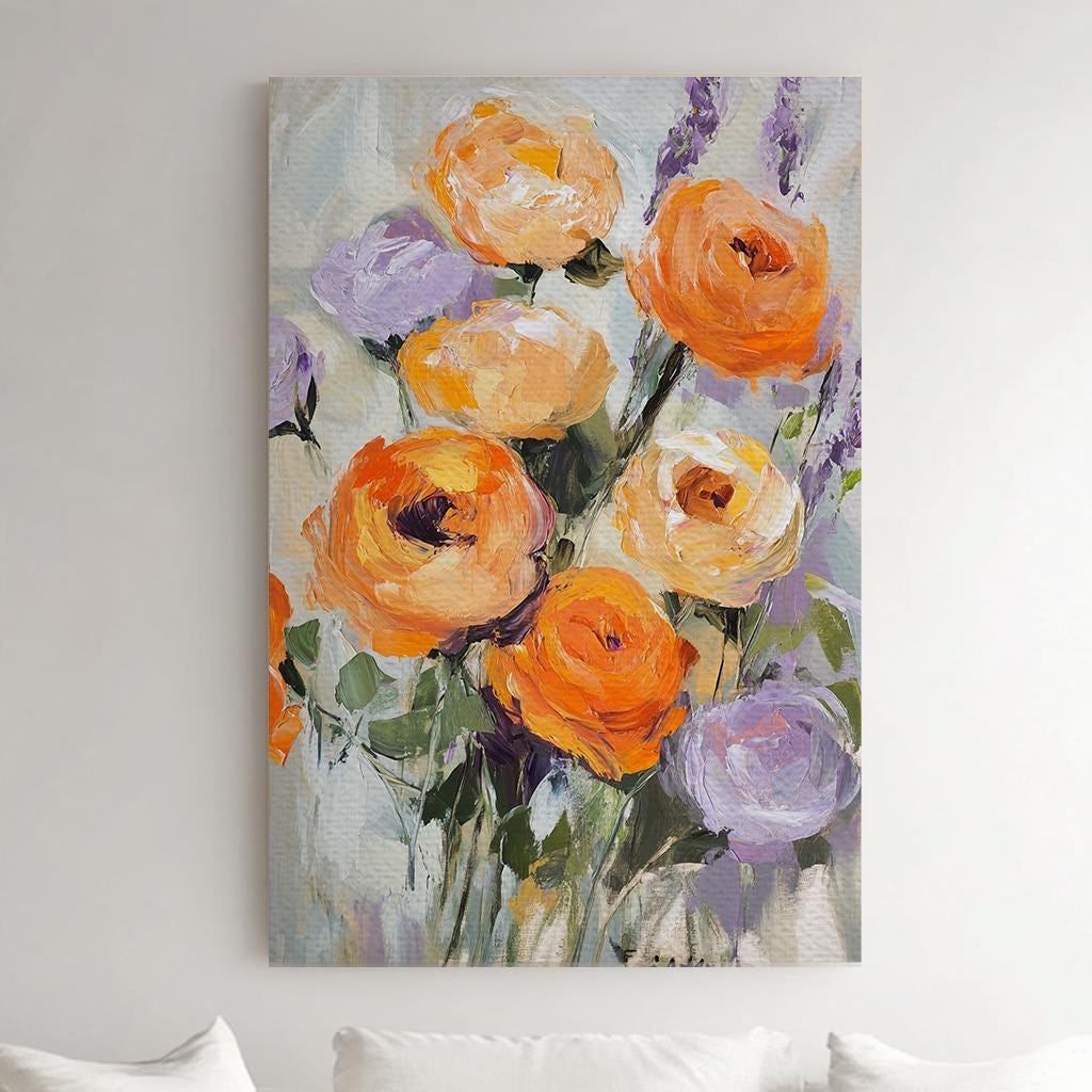 Ranunculus Bouquet Canvas Art | Impasto Floral Print | Bohemian Modern Wall Art For Living Room | Apricot Blush Art Vertical Canvas