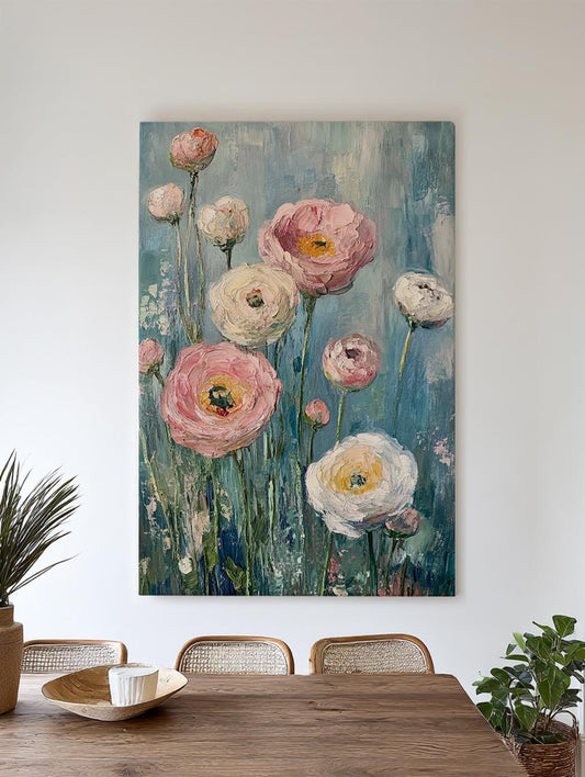 Ranunculus Bloom Canvas Art | Impasto Floral Print | Bohemian Wall Art For Living Room | Blush Pink Oyster White Art Vertical Canvas