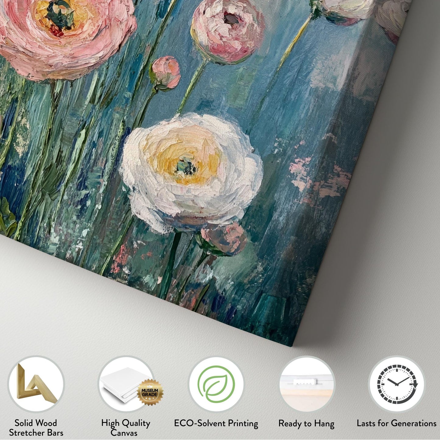 Ranunculus Bloom Canvas Art | Impasto Floral Print | Bohemian Wall Art For Living Room | Blush Pink Oyster White Art Vertical Canvas