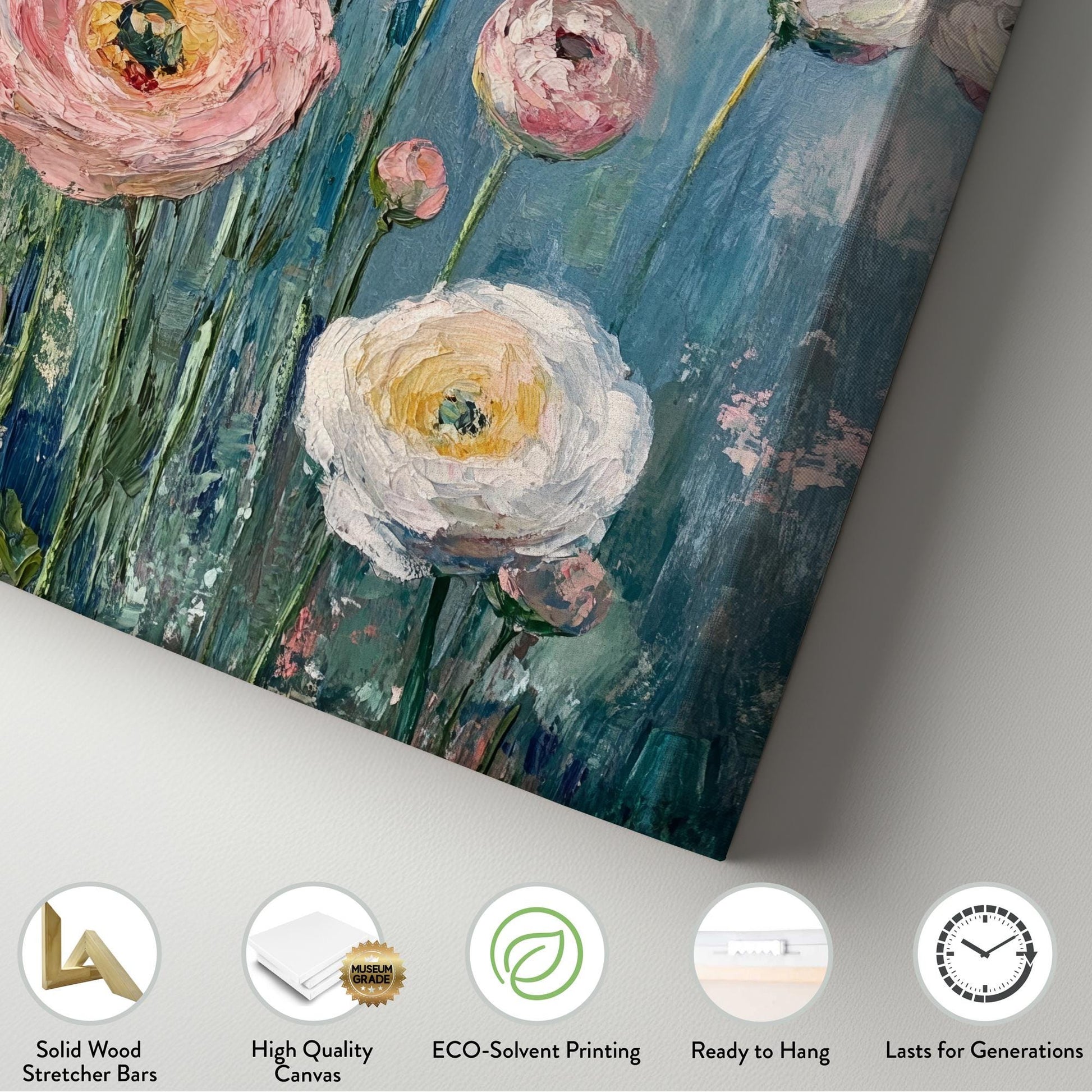 Ranunculus Bloom Canvas Art | Impasto Floral Print | Bohemian Wall Art For Living Room | Blush Pink Oyster White Art Vertical Canvas