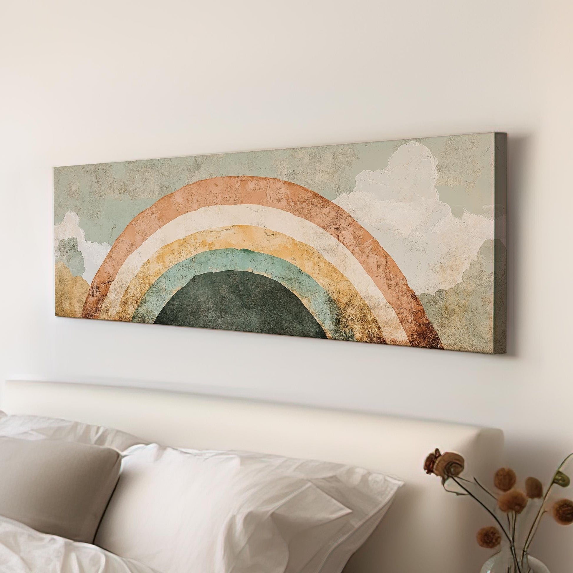 Rainbow Arch Canvas Art | Abstract Minimalist Print | Bohemian Wall Art For Nursery | Sage Green Terracotta Art Panoramic Wall Art