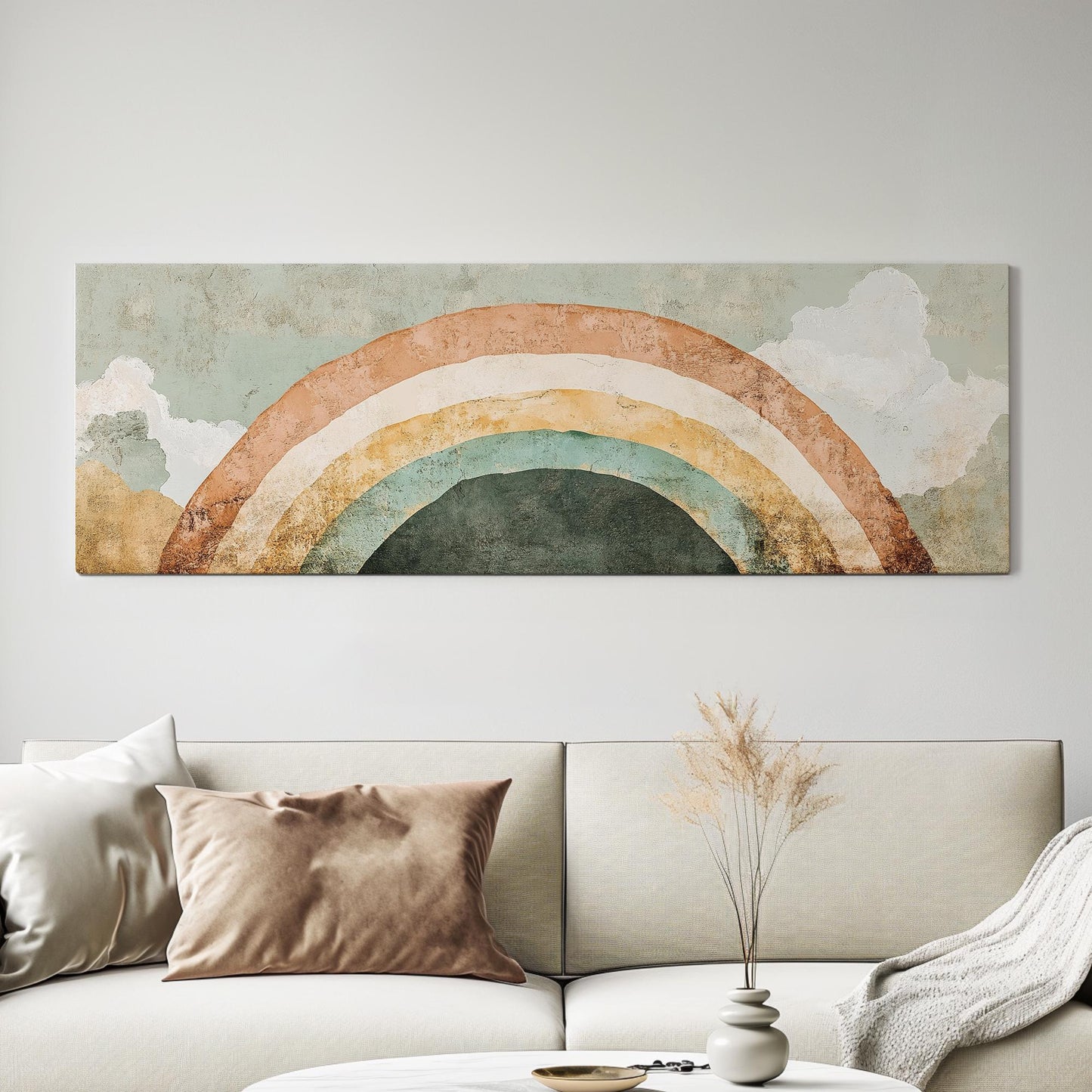 Rainbow Arch Canvas Art | Abstract Minimalist Print | Bohemian Wall Art For Nursery | Sage Green Terracotta Art Panoramic Wall Art