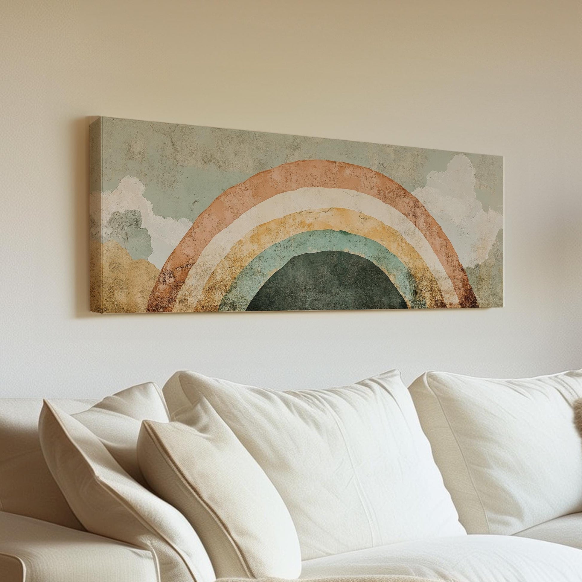 Rainbow Arch Canvas Art | Abstract Minimalist Print | Bohemian Wall Art For Nursery | Sage Green Terracotta Art Panoramic Wall Art