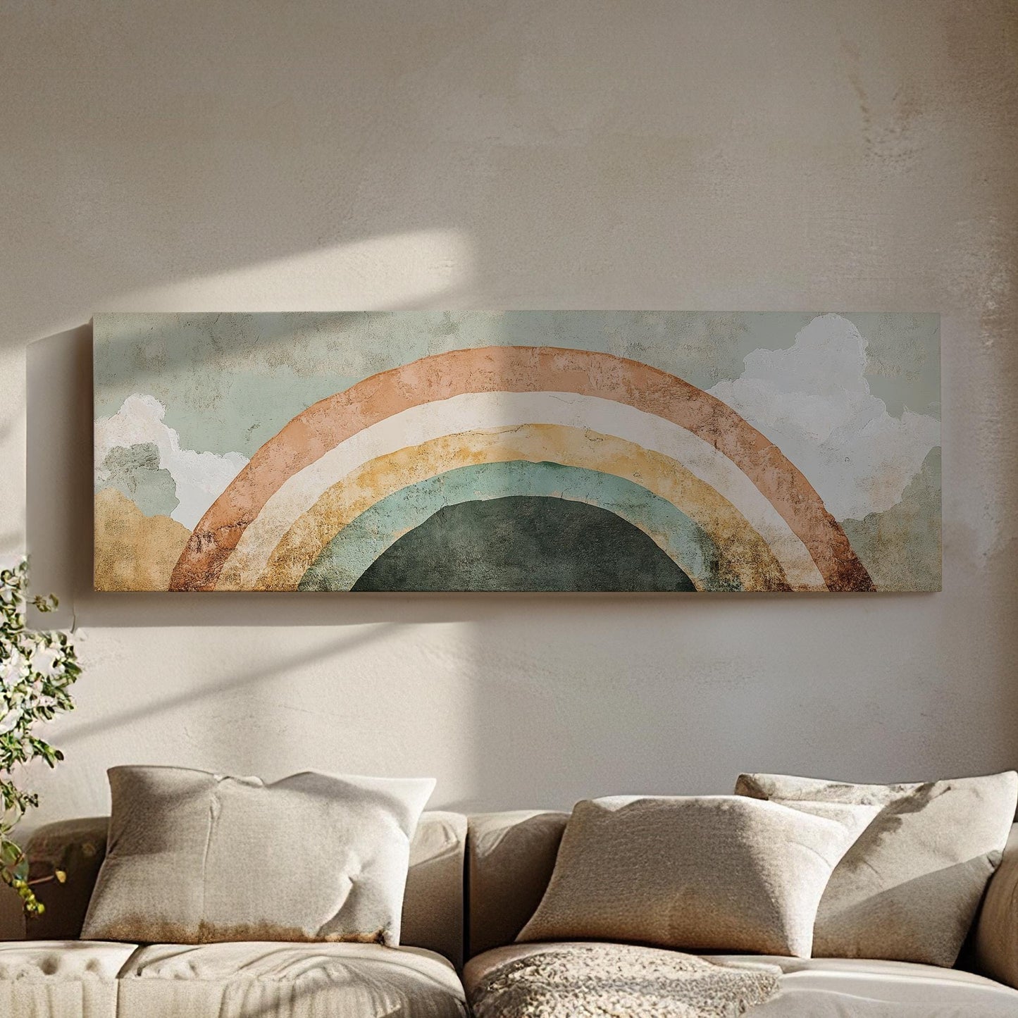 Rainbow Arch Canvas Art | Abstract Minimalist Print | Bohemian Wall Art For Nursery | Sage Green Terracotta Art Panoramic Wall Art
