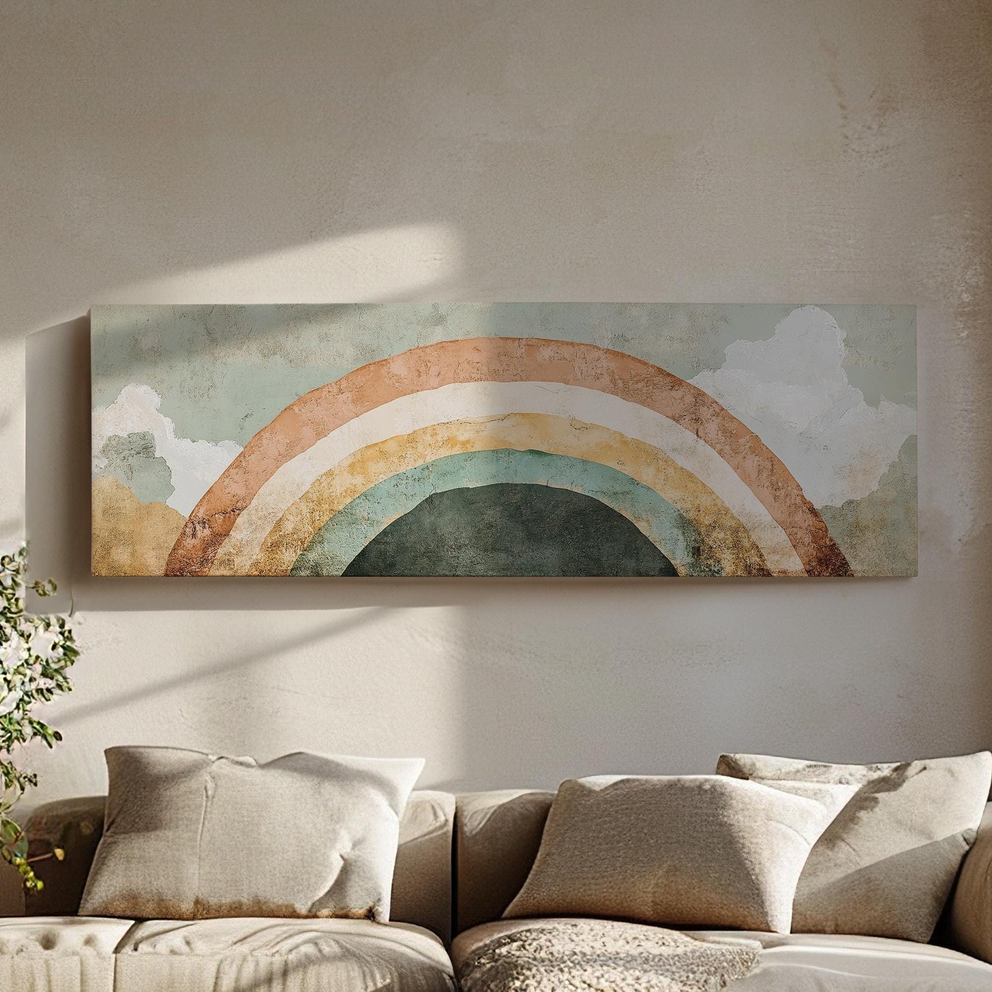 Rainbow Arch Canvas Art | Abstract Minimalist Print | Bohemian Wall Art For Nursery | Sage Green Terracotta Art Panoramic Wall Art