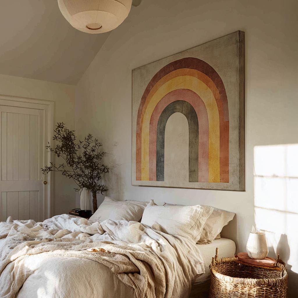 Rainbow Arch Canvas Art | Abstract Minimalist Print | Bohemian Wall Art For Living Room | Terracotta Ochre Art Square Canvas Art