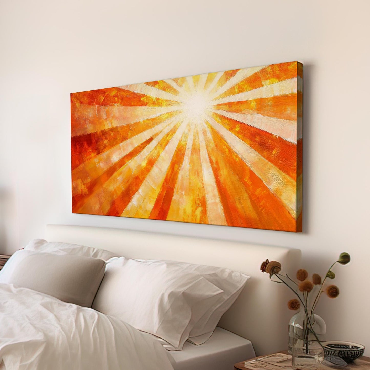 Radiant Sunburst Canvas Art | Impasto Textured Print | Mid Century Modern Wall Art For Living Room | Golden Hour Sunset Art Horizontal Art