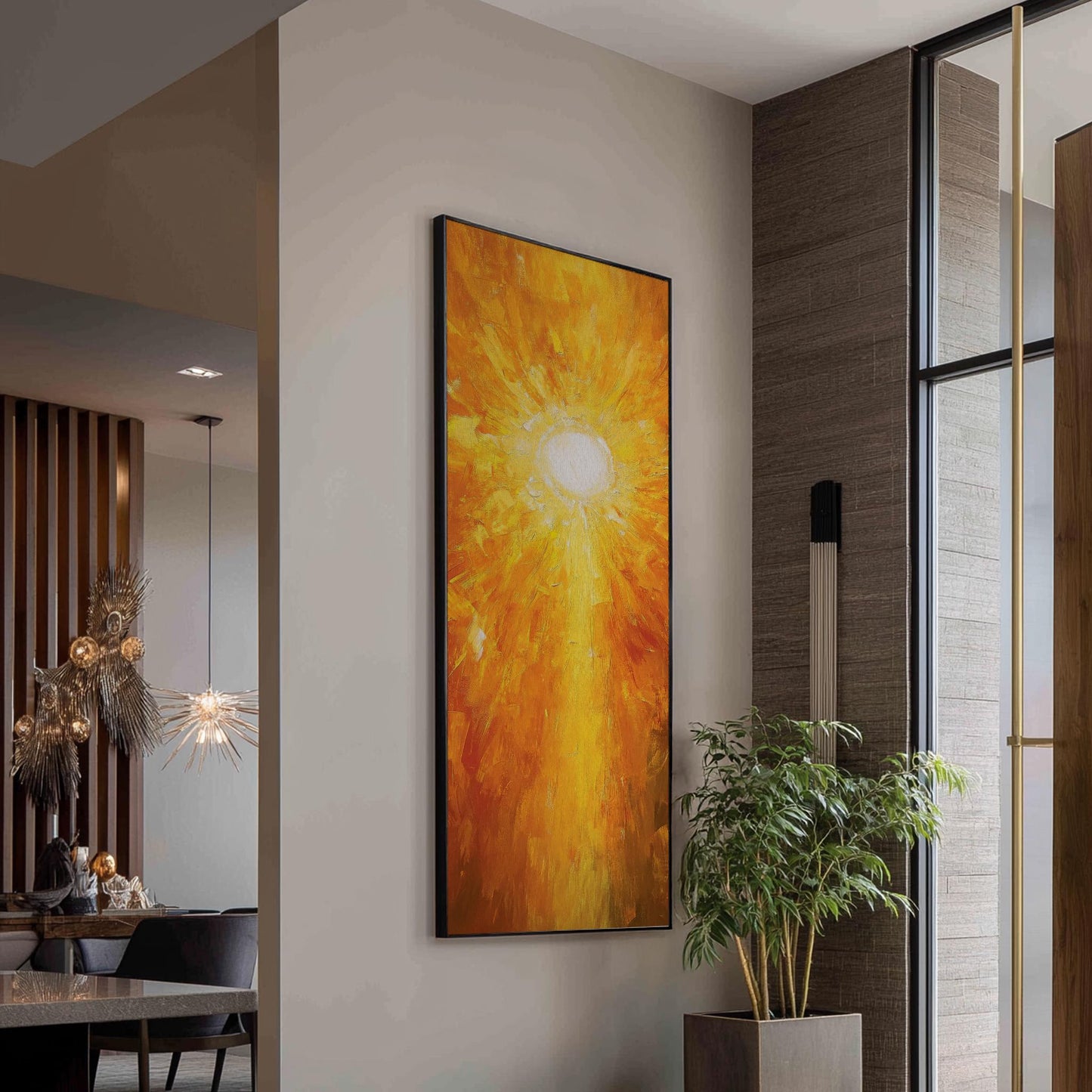 Radiant Sunburst Canvas Art | Impasto Palette Knife Print | Modern Minimalist Wall Art For Living Room Long Vertical Art