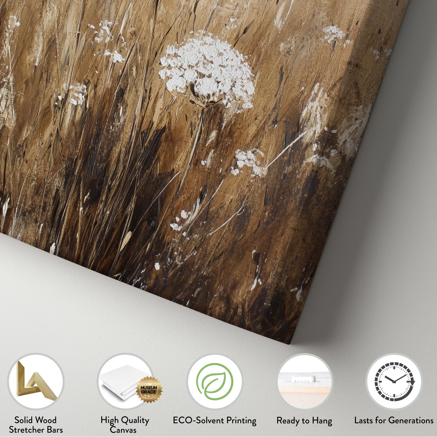 Queen Annes Lace Impasto Canvas Art | Textural Floral Print | Bohemian Modern Wall Art For Living Room | Creamy Oatmilk Art Vertical Canvas