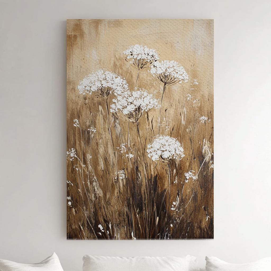 Queen Annes Lace Impasto Canvas Art | Textural Floral Print | Bohemian Modern Wall Art For Living Room | Creamy Oatmilk Art Vertical Canvas