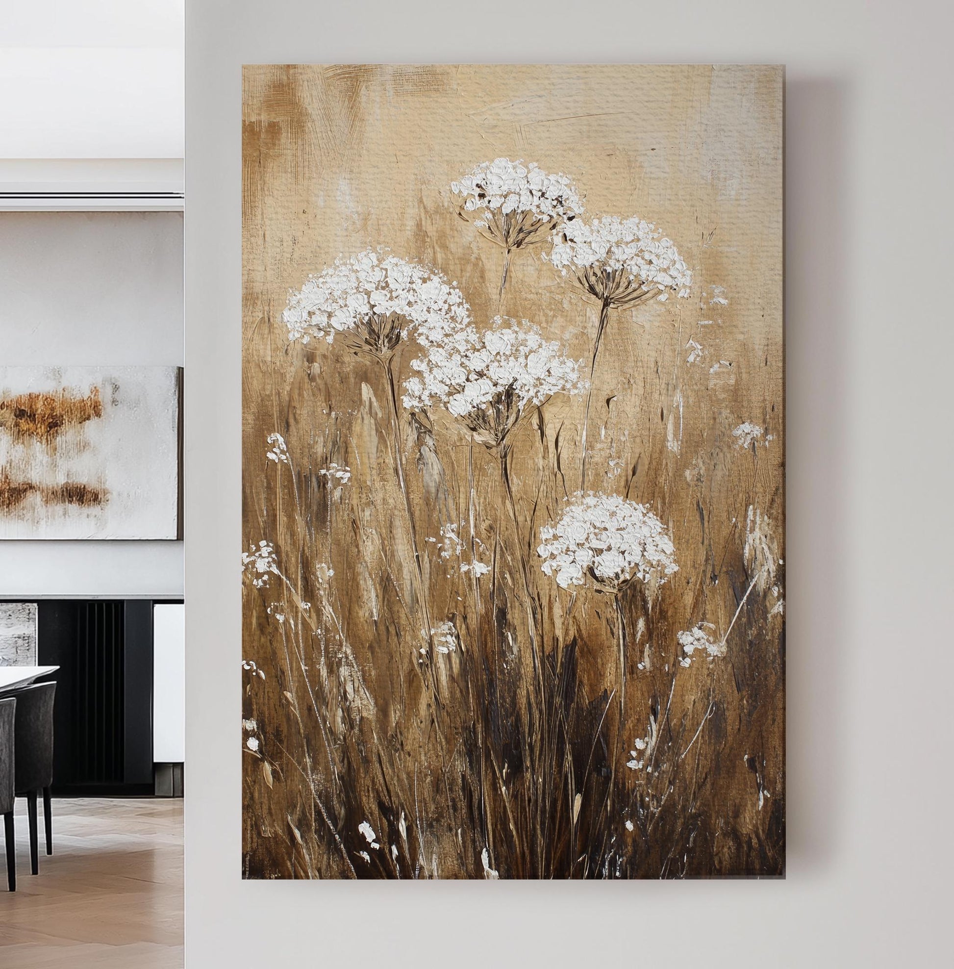 Queen Annes Lace Impasto Canvas Art | Textural Floral Print | Bohemian Modern Wall Art For Living Room | Creamy Oatmilk Art Vertical Canvas