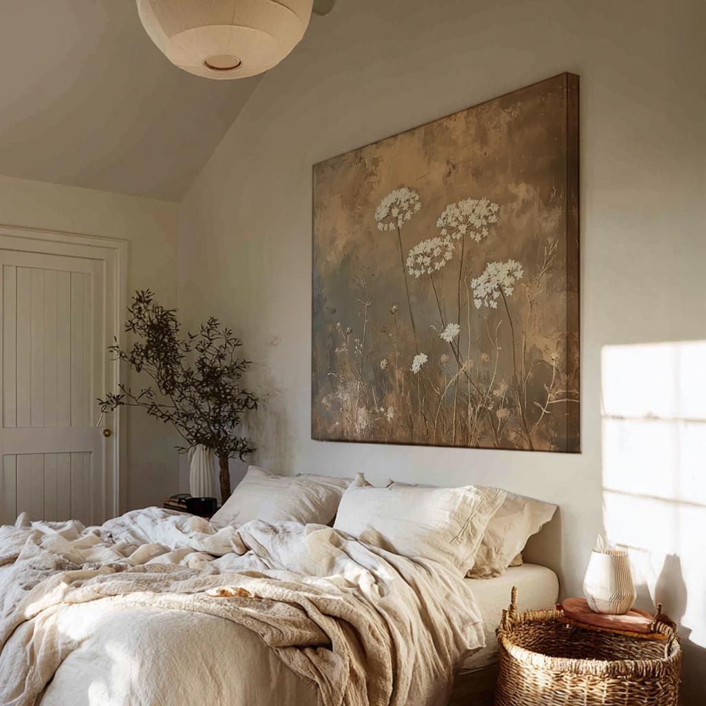 Queen Annes Lace Botanical Canvas Art | Impasto Print | Transitional Wall Art For Living Room | Greige Art Square Canvas Art