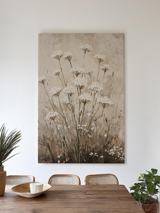 Queen Annes Lace Botanical Canvas Art | Impasto Painting Print | Tranquil Spa Wall Art For Bedroom | Oatmeal Linen Art Vertical Canvas