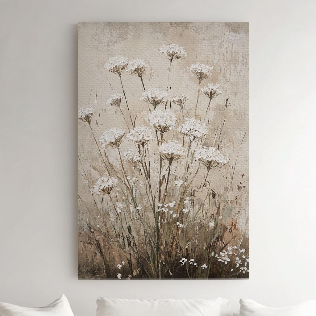 Queen Annes Lace Botanical Canvas Art | Impasto Painting Print | Tranquil Spa Wall Art For Bedroom | Oatmeal Linen Art Vertical Canvas