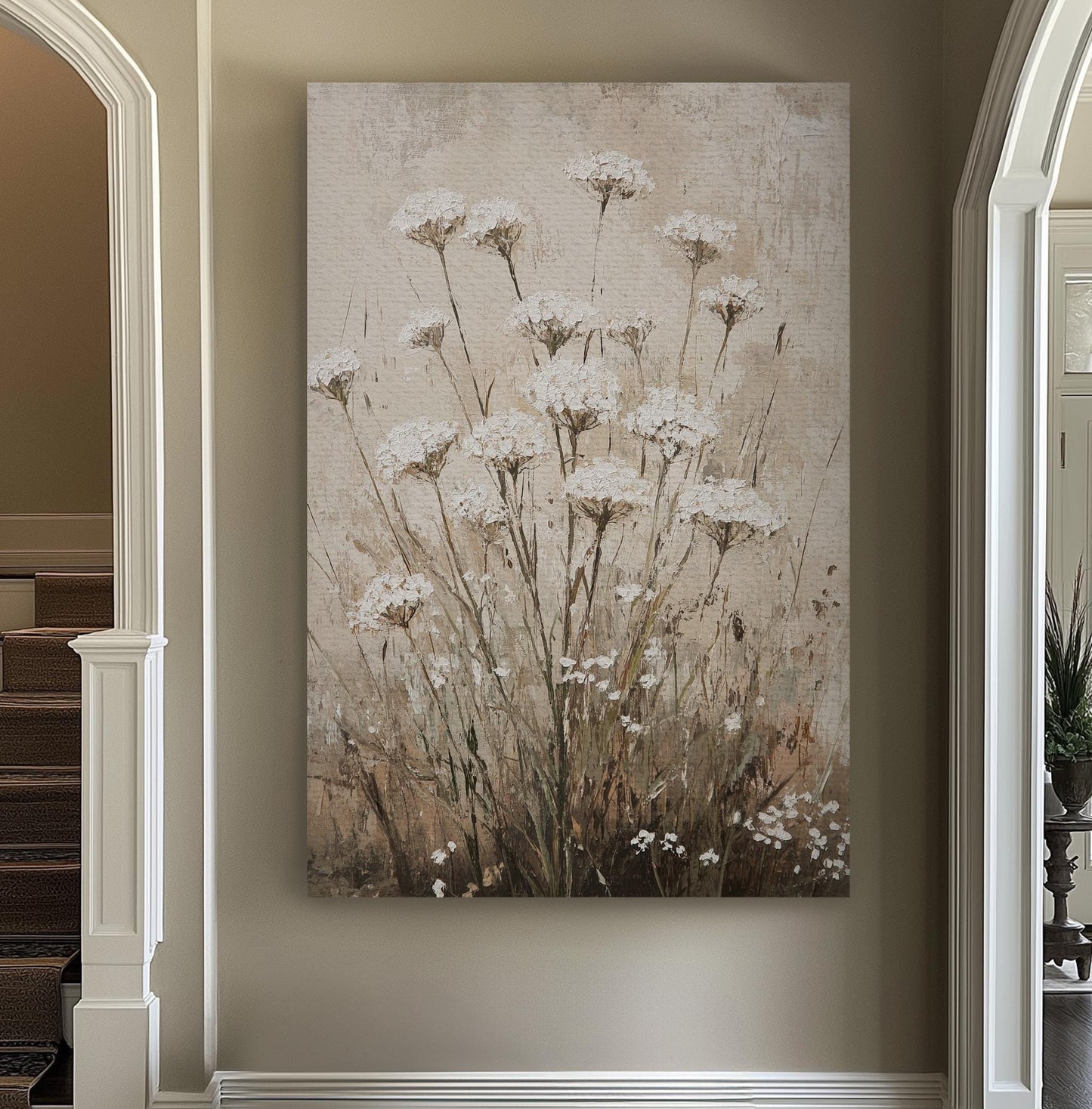 Queen Annes Lace Botanical Canvas Art | Impasto Painting Print | Tranquil Spa Wall Art For Bedroom | Oatmeal Linen Art Vertical Canvas