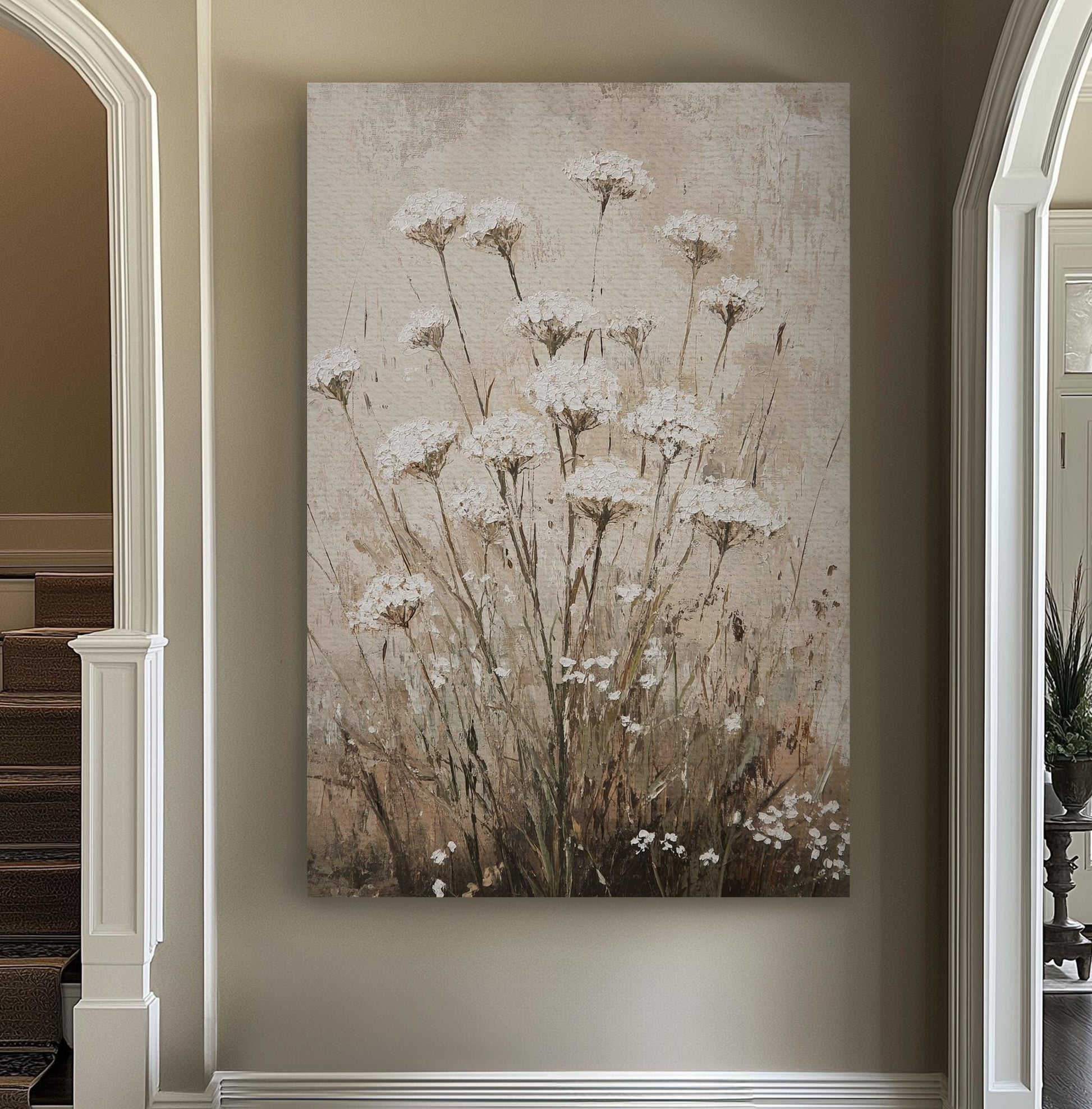 Queen Annes Lace Botanical Canvas Art | Impasto Painting Print | Tranquil Spa Wall Art For Bedroom | Oatmeal Linen Art Vertical Canvas