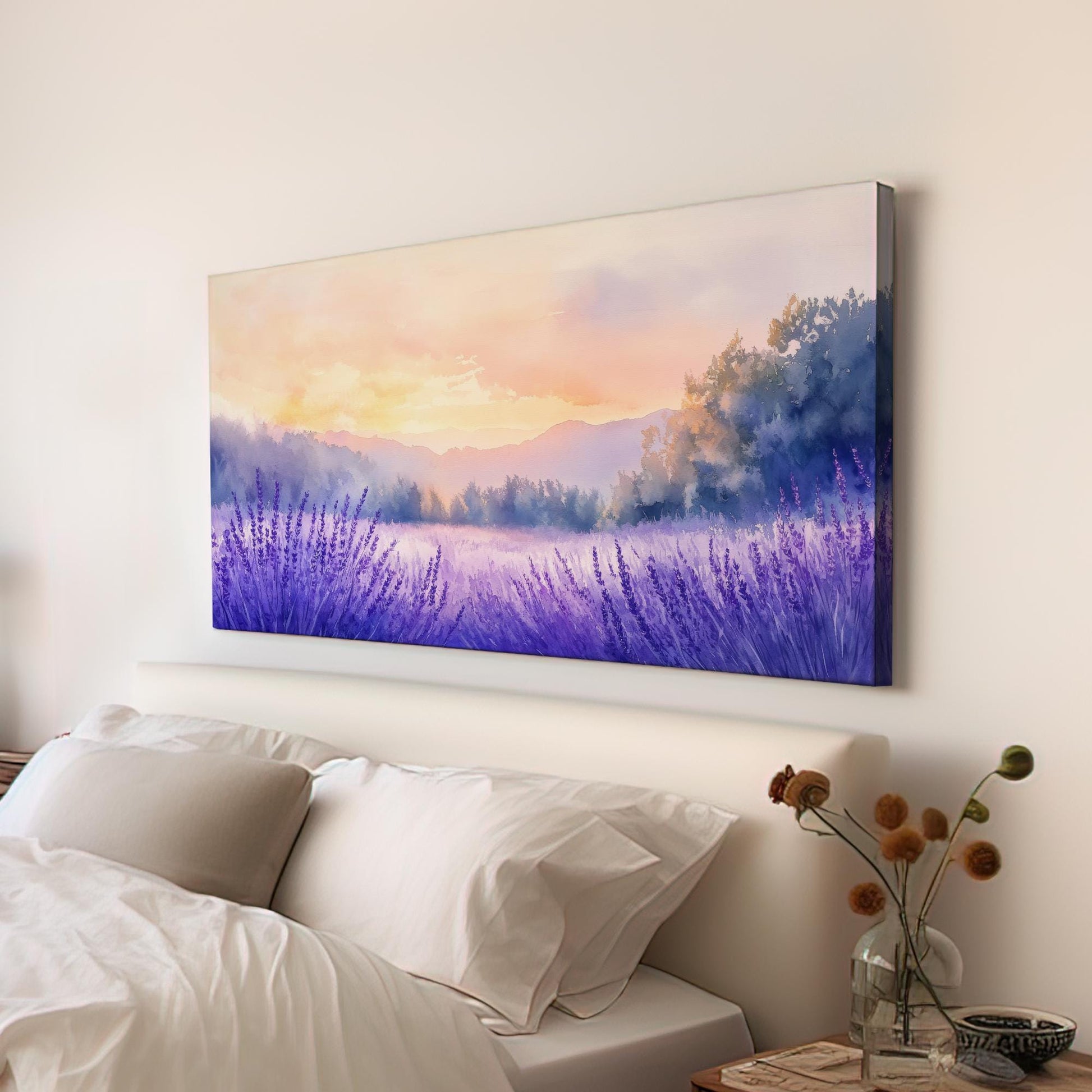 Provence Sunset Lavender Field Canvas Art | Watercolor Wash Print | Bohemian Wall Art For Living Room Horizontal Art