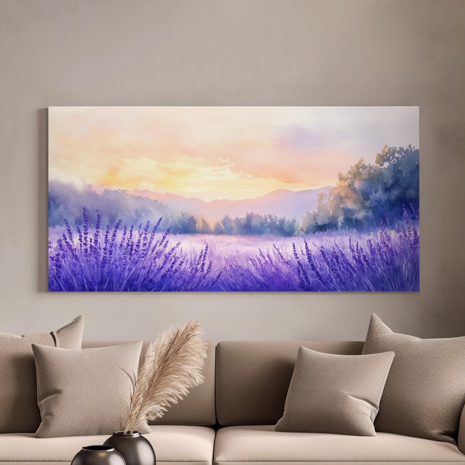 Provence Sunset Lavender Field Canvas Art | Watercolor Wash Print | Bohemian Wall Art For Living Room Horizontal Art