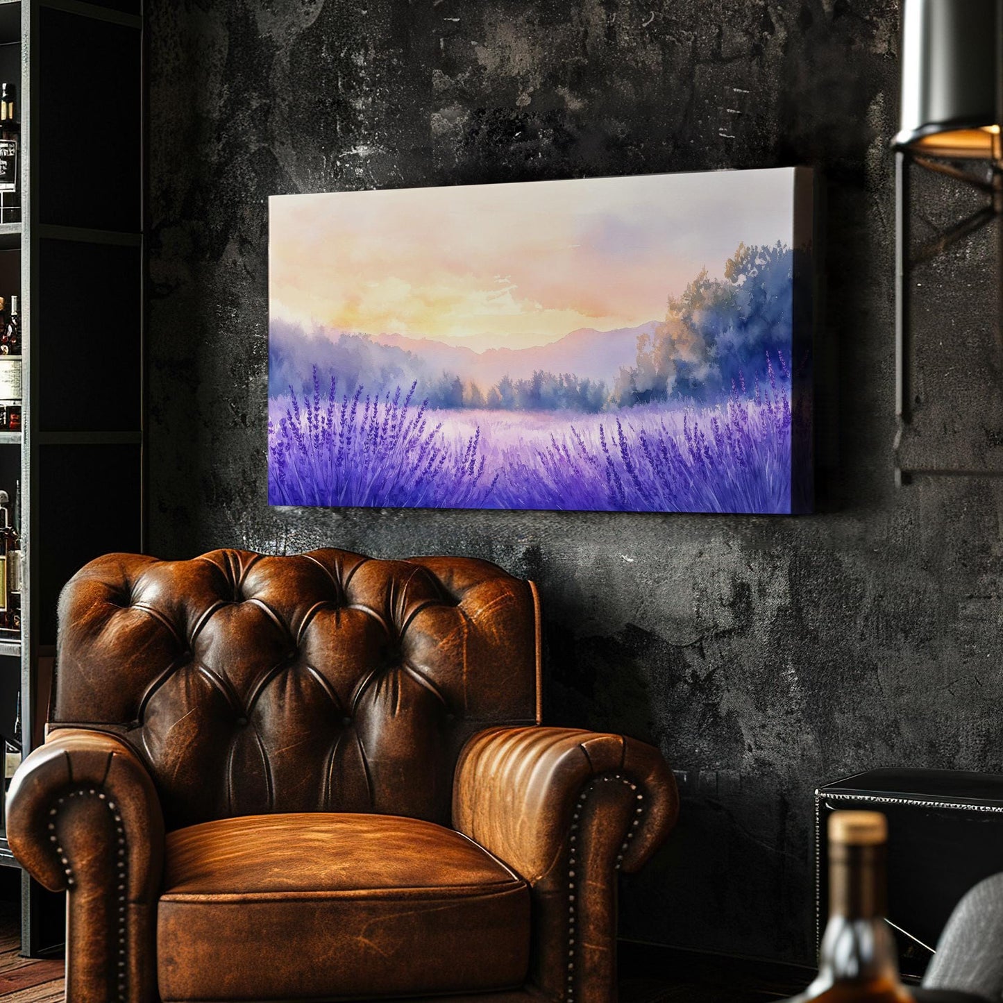 Provence Sunset Lavender Field Canvas Art | Watercolor Wash Print | Bohemian Wall Art For Living Room Horizontal Art