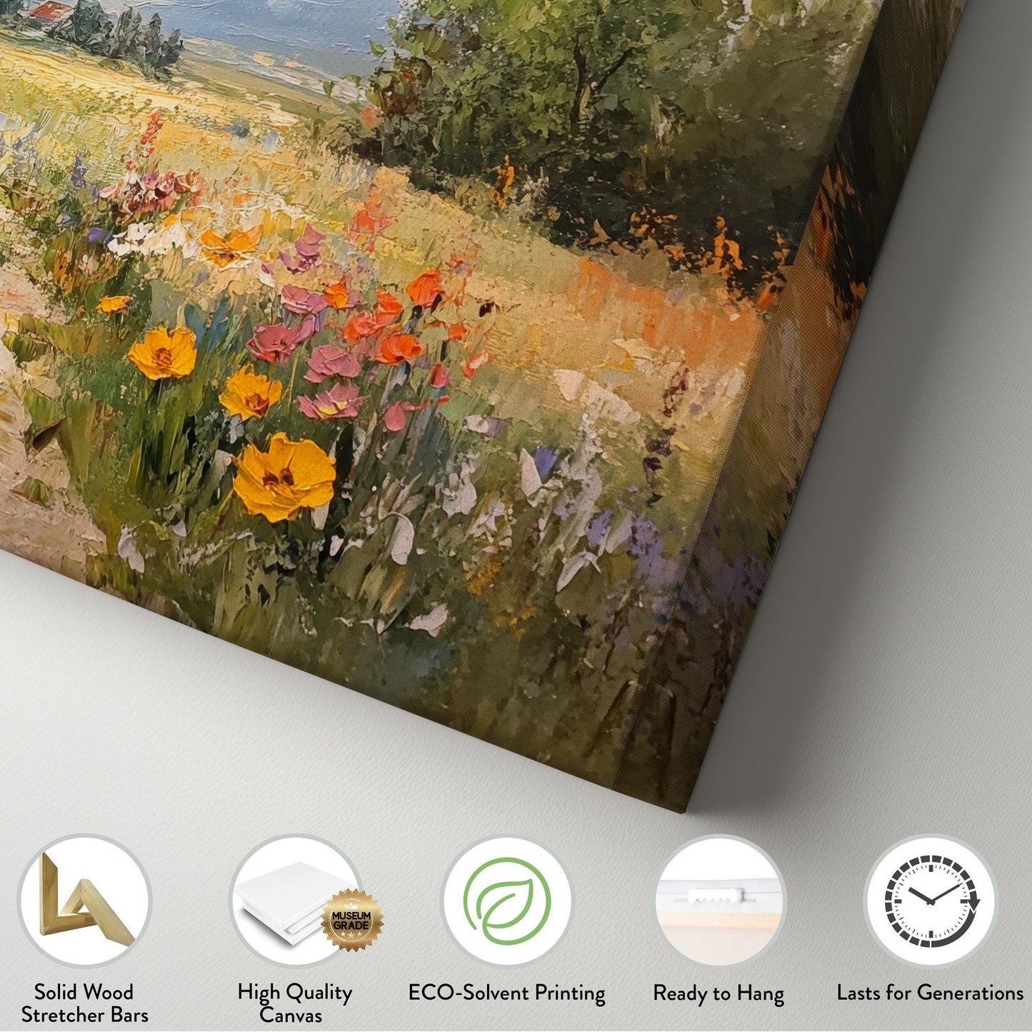 Provence Path Canvas Art | Impasto Floral Print | Bohemian Wall Art For Living Room | Honeycomb Hues Art Horizontal Art