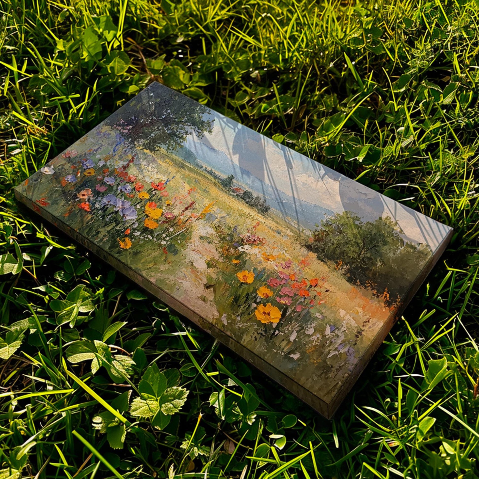 Provence Path Canvas Art | Impasto Floral Print | Bohemian Wall Art For Living Room | Honeycomb Hues Art Horizontal Art