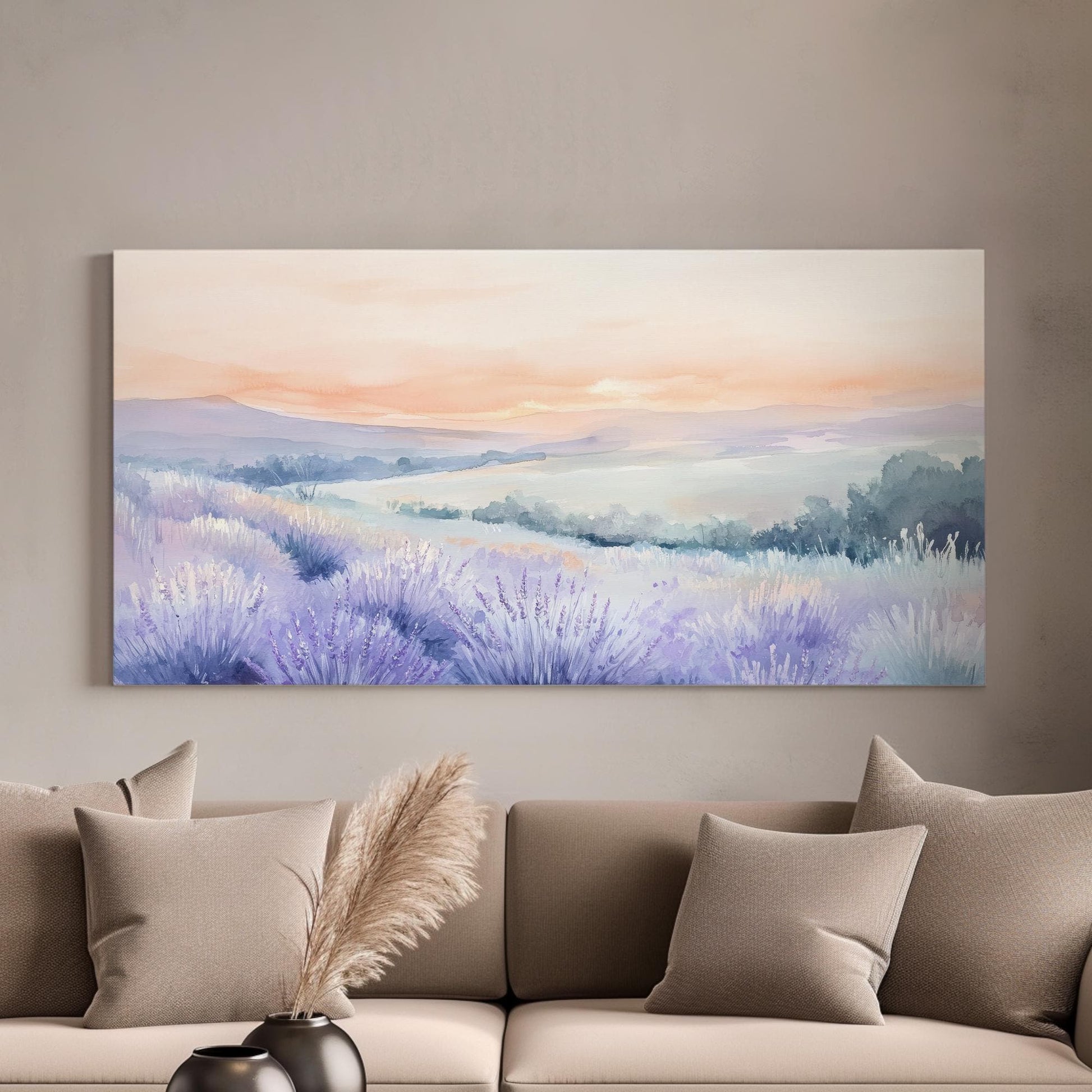 Provence Lavender Sunset Canvas Art | Watercolor Wash Print | Tranquil Bohemian Wall Art For Living Room Horizontal Art