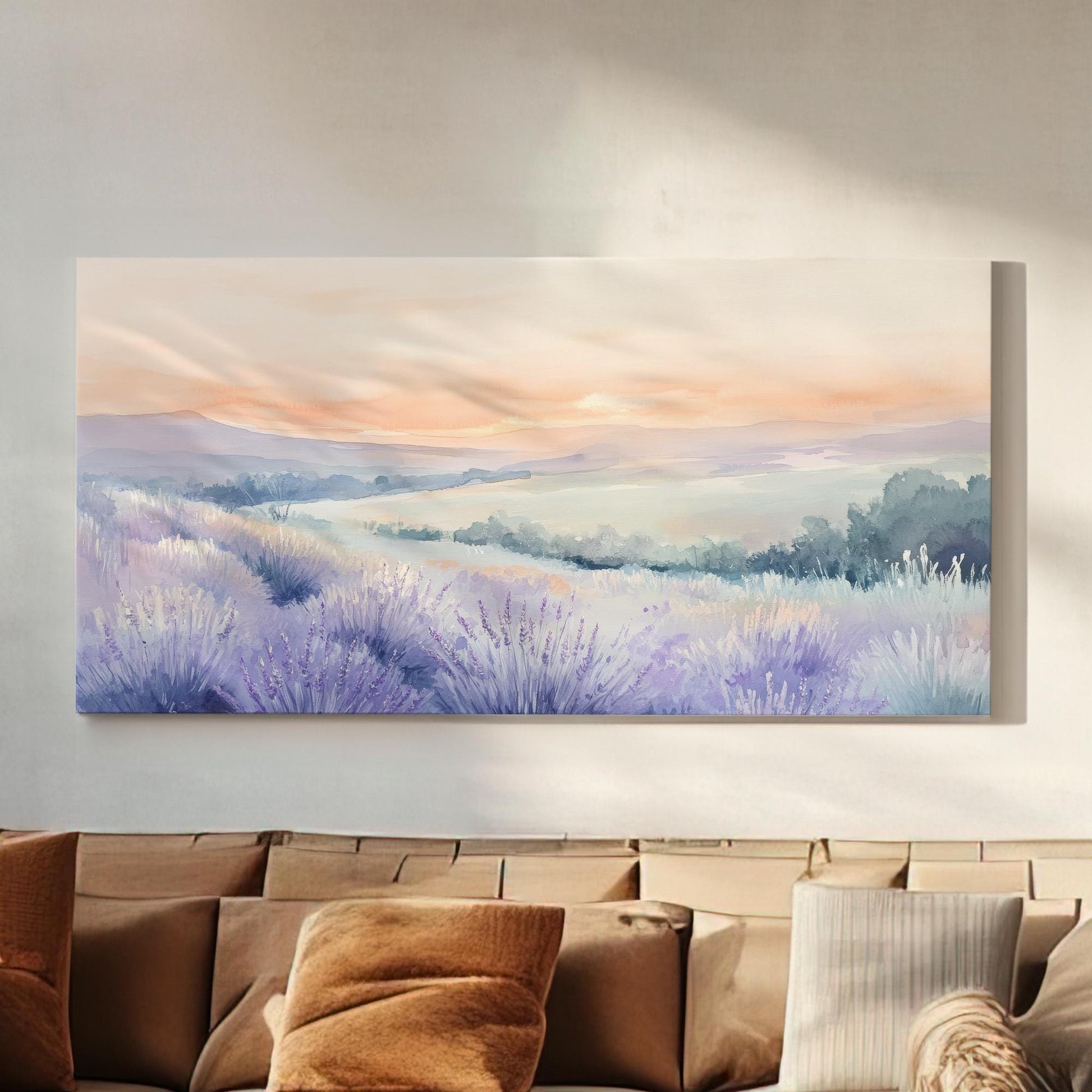 Provence Lavender Sunset Canvas Art | Watercolor Wash Print | Tranquil Bohemian Wall Art For Living Room Horizontal Art