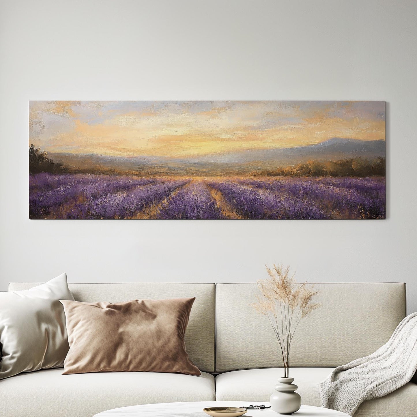 Provence Lavender Sunset Canvas Art | Impressionistic Impasto Print | Bohemian Wall Art For Living Room Panoramic Wall Art