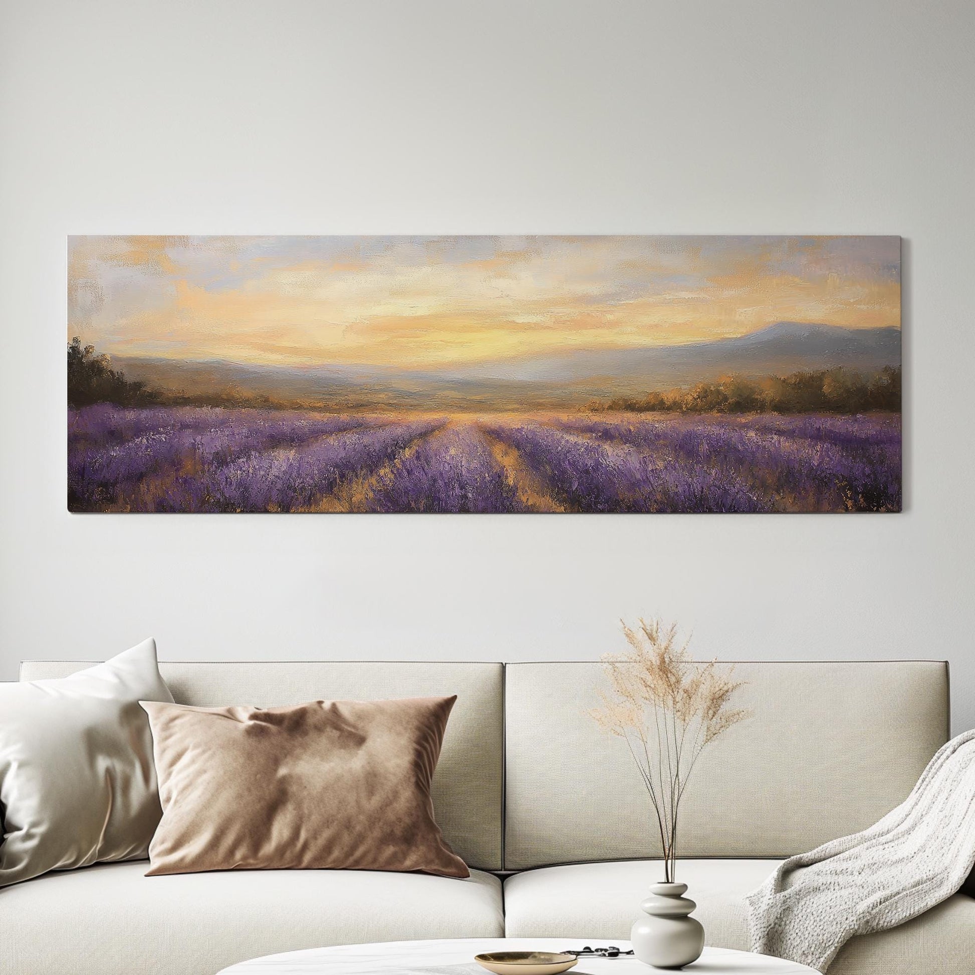 Provence Lavender Sunset Canvas Art | Impressionistic Impasto Print | Bohemian Wall Art For Living Room Panoramic Wall Art