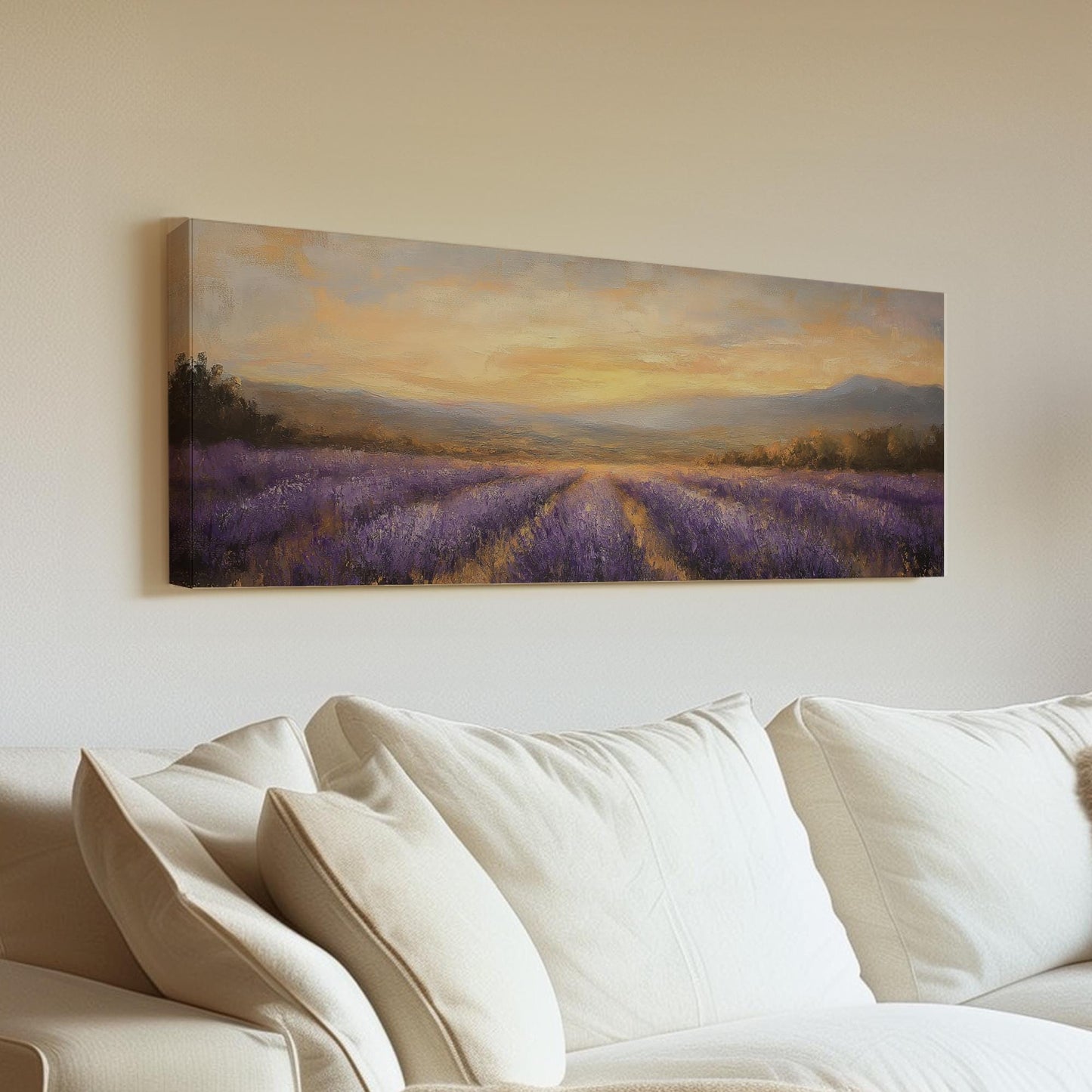 Provence Lavender Sunset Canvas Art | Impressionistic Impasto Print | Bohemian Wall Art For Living Room Panoramic Wall Art