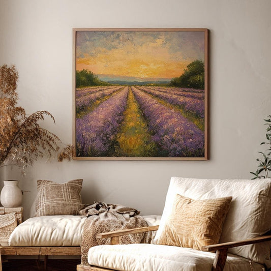 Provence Lavender Fields Canvas Art | Impasto Palette Knife Print | Bohemian Wall Art For Living Room | Sunset Hues Art Square Canvas Art
