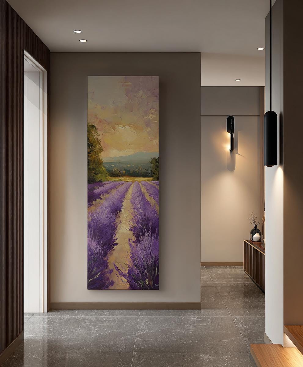 Provence Lavender Fields Canvas Art | Impasto Palette Knife Print | Bohemian Wall Art For Living Room | Honeyed Sunset Art Long Vertical Art