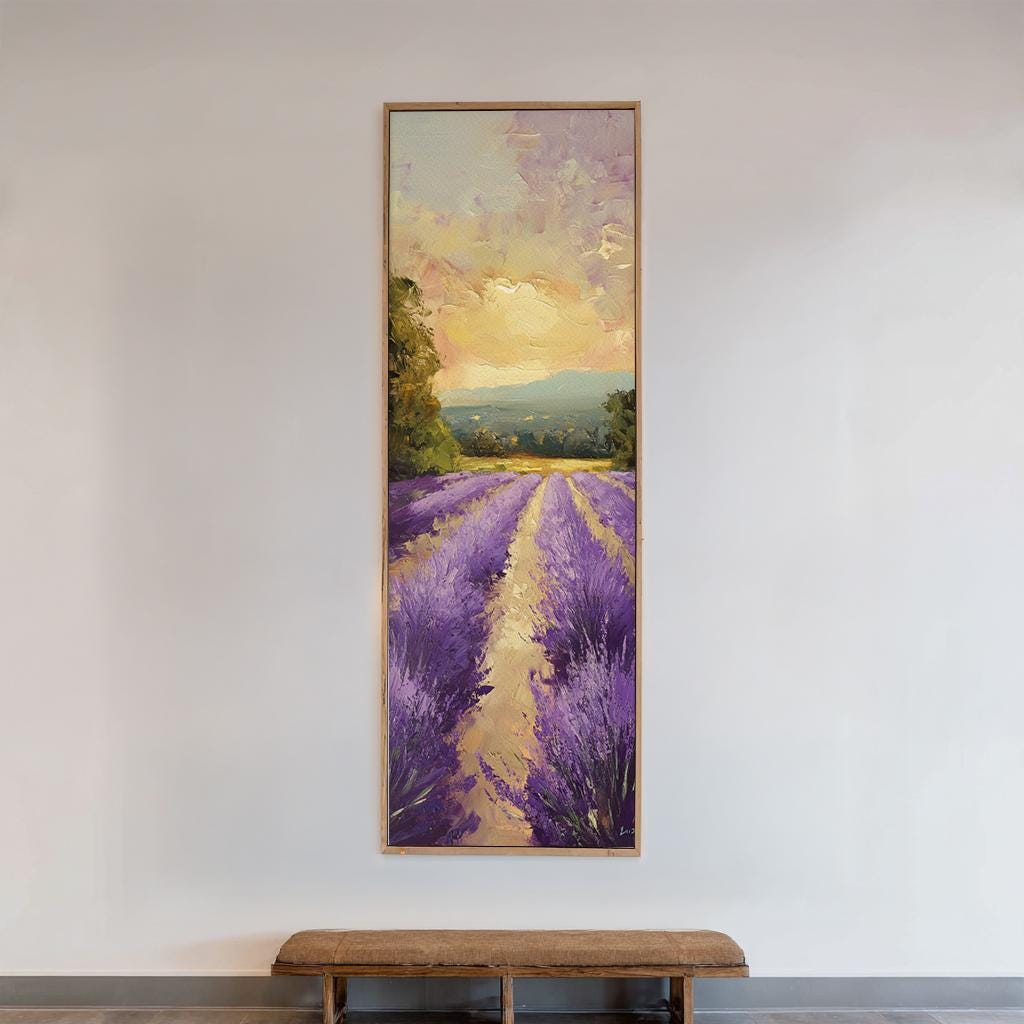 Provence Lavender Fields Canvas Art | Impasto Palette Knife Print | Bohemian Wall Art For Living Room | Honeyed Sunset Art Long Vertical Art