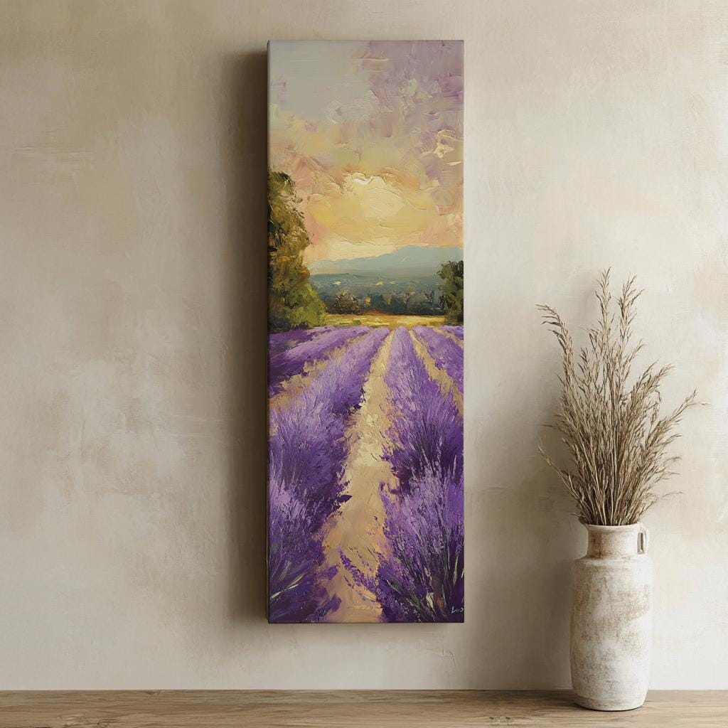 Provence Lavender Fields Canvas Art | Impasto Palette Knife Print | Bohemian Wall Art For Living Room | Honeyed Sunset Art Long Vertical Art