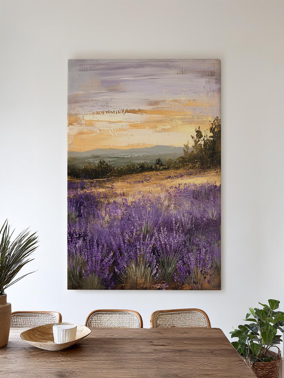 Provence Lavender Field Canvas Art | Impasto Painting Print | Bohemian Wall Art For Living Room | Warm Toned Gold Sunset Art Vertical Canvas