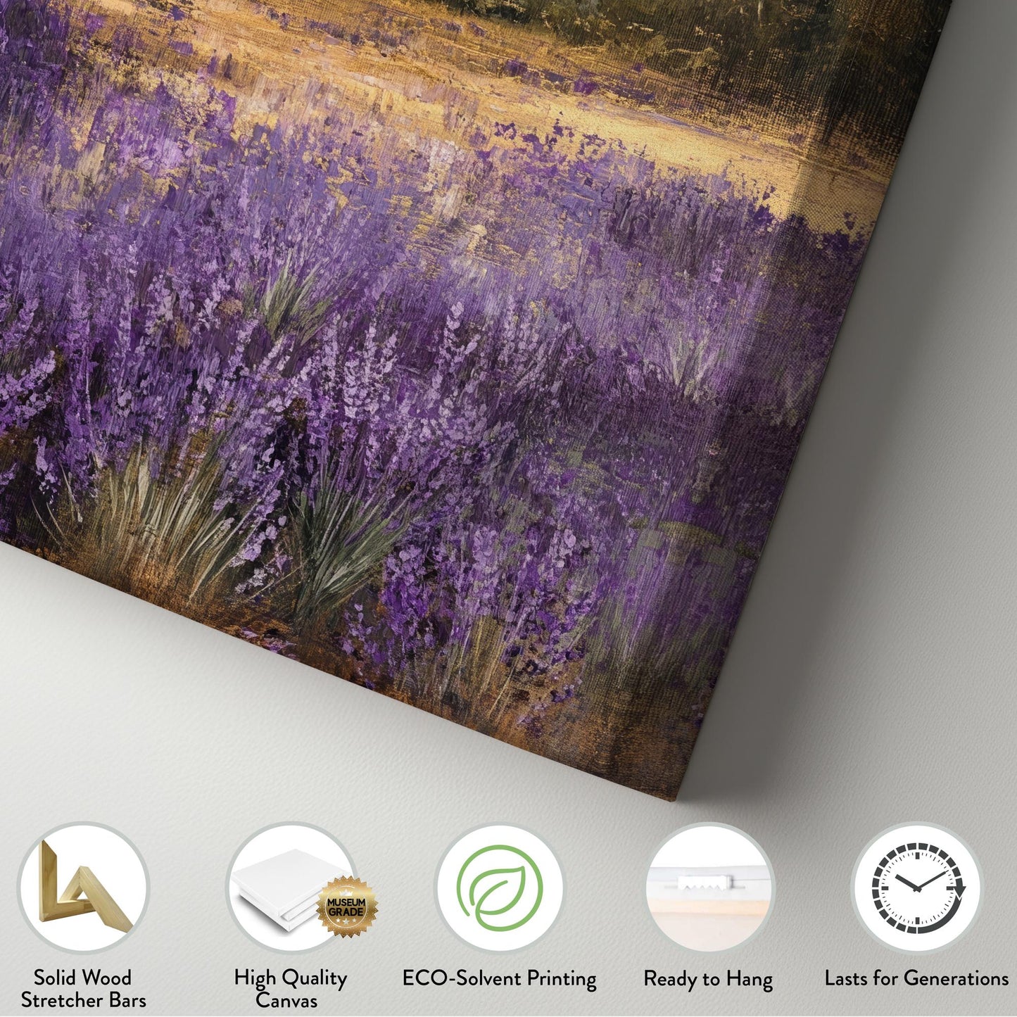 Provence Lavender Field Canvas Art | Impasto Painting Print | Bohemian Wall Art For Living Room | Warm Toned Gold Sunset Art Vertical Canvas