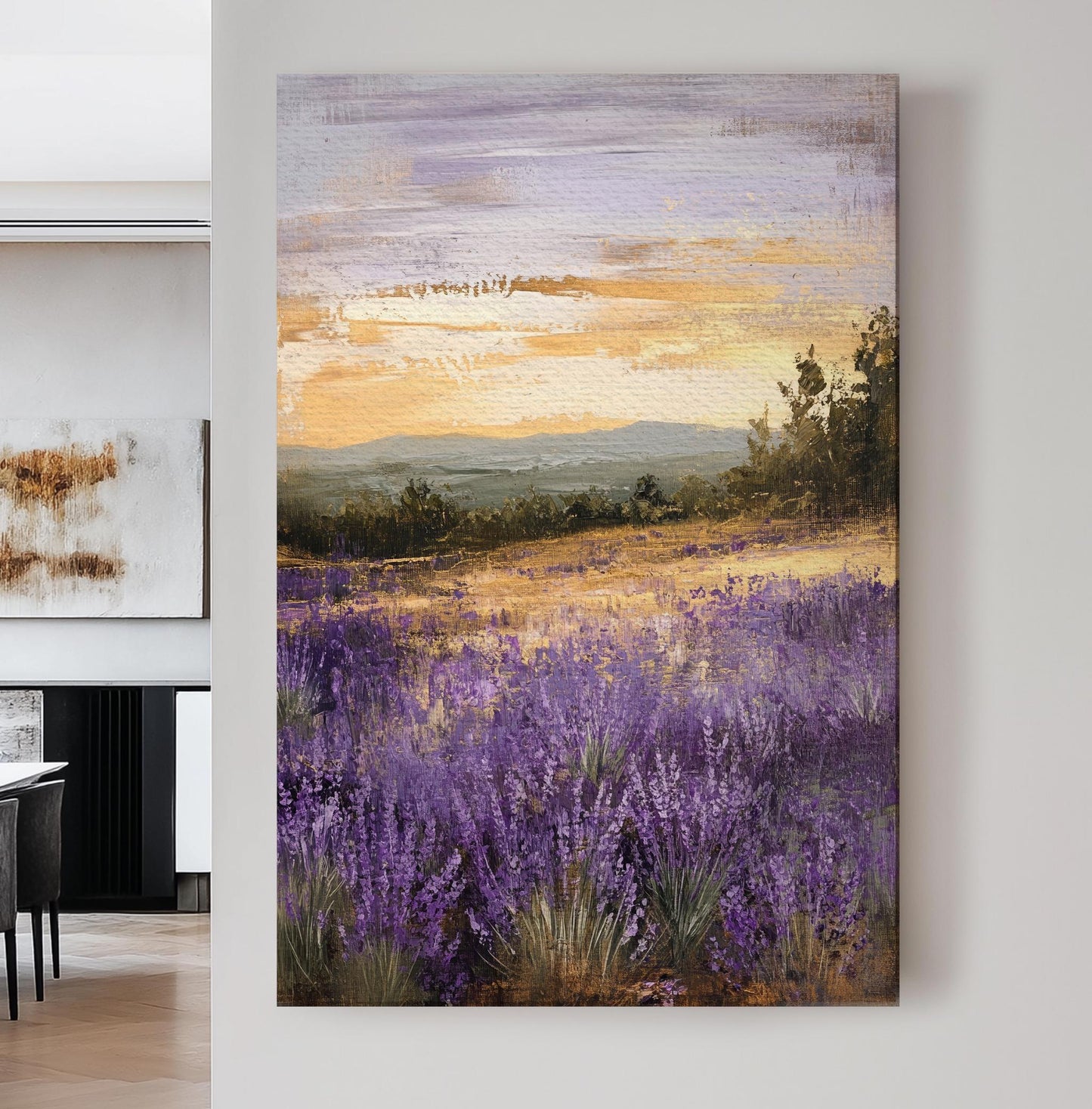 Provence Lavender Field Canvas Art | Impasto Painting Print | Bohemian Wall Art For Living Room | Warm Toned Gold Sunset Art Vertical Canvas