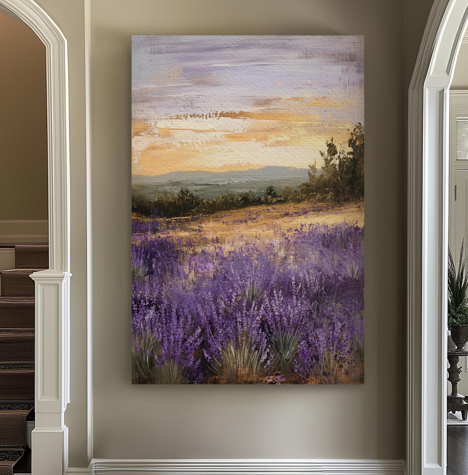 Provence Lavender Field Canvas Art | Impasto Painting Print | Bohemian Wall Art For Living Room | Warm Toned Gold Sunset Art Vertical Canvas